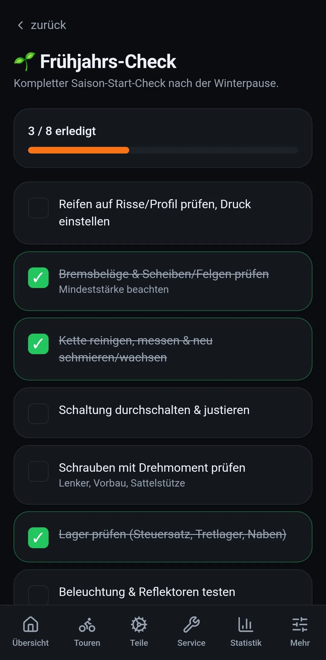 Der Frühjahrs-Check: acht Punkte, drei erledigt, mit Fortschrittsbalken