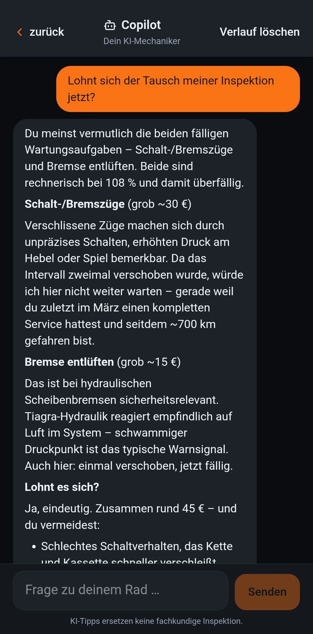Eine echte Copilot-Antwort: beide Aufgaben rechnerisch bei 108 Prozent, mit Richtkosten und Bezug auf den letzten Service