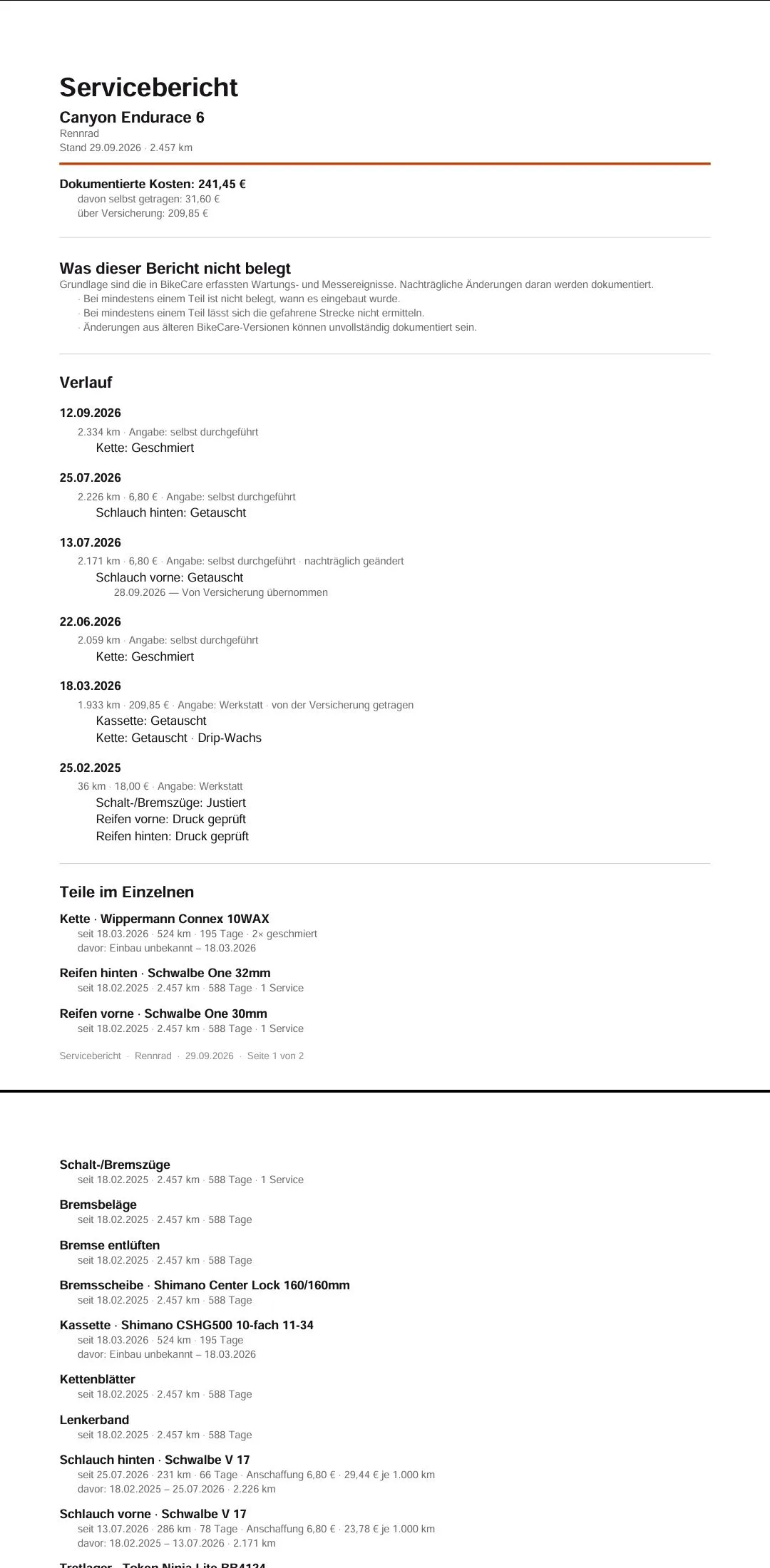 Der echte PDF-Servicebericht, auf dem Telefon geöffnet: Kosten, was der Bericht nicht belegt, der Verlauf