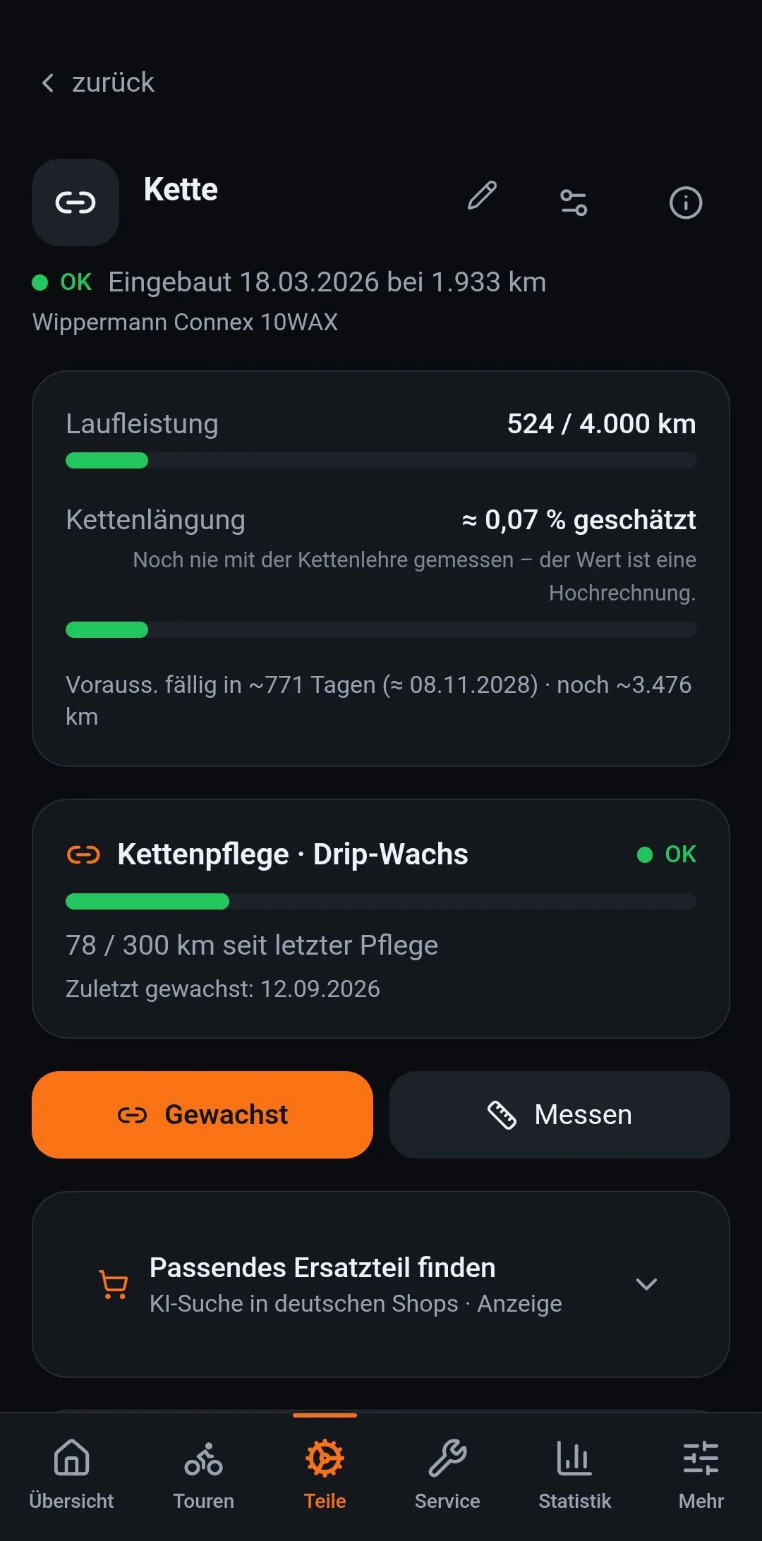 Eine Kette in der App: Laufleistung gegen Intervall, die Längung als Hochrechnung gekennzeichnet