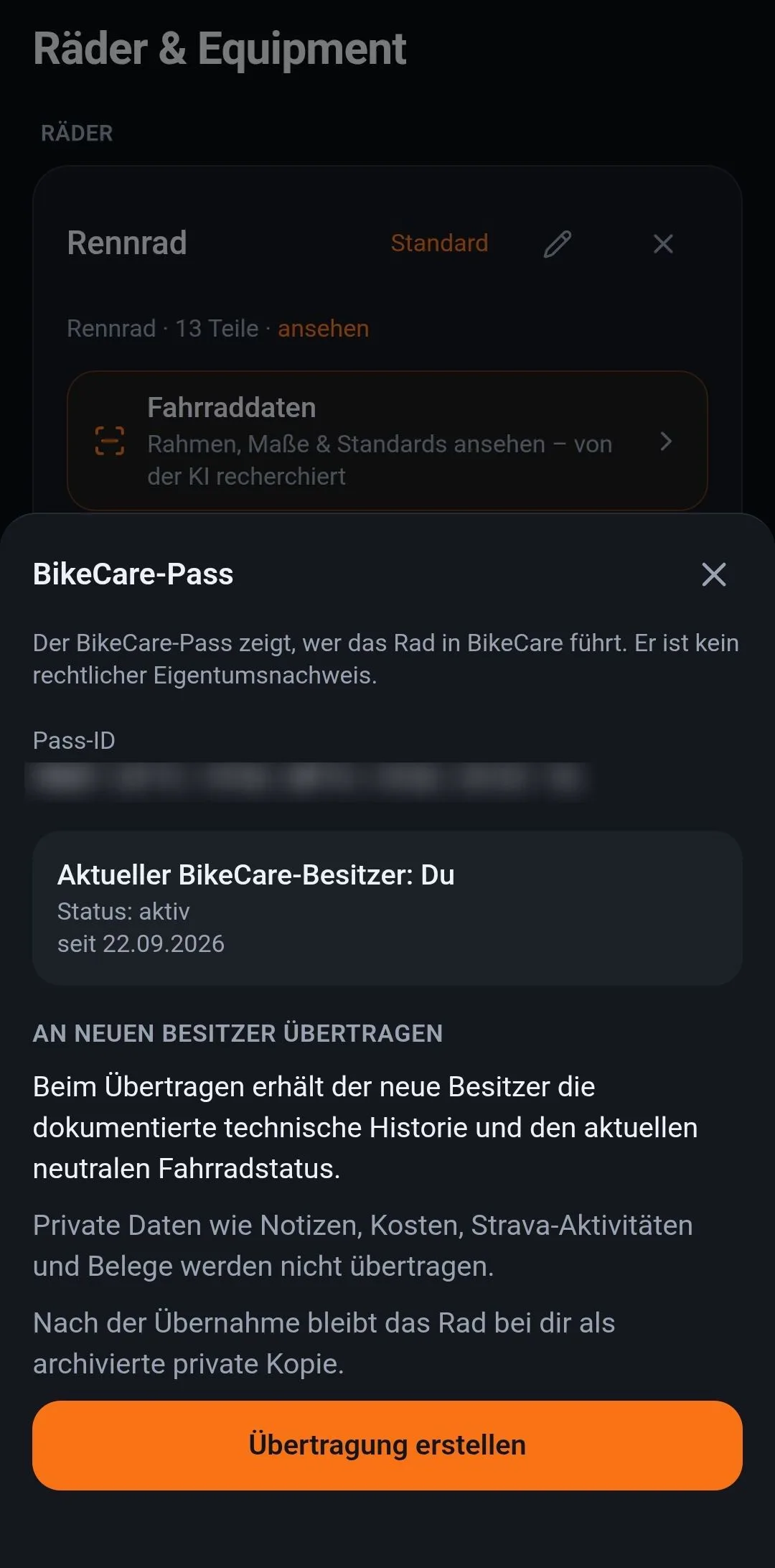 Der BikeCare-Pass: Übertragung an den nächsten Besitzer, private Daten bleiben zurück