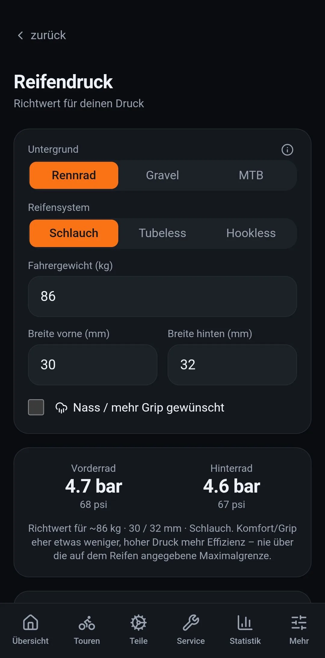 Der Reifendruck-Rechner: Richtwert für Vorder- und Hinterrad nach Gewicht, Breite und Reifensystem