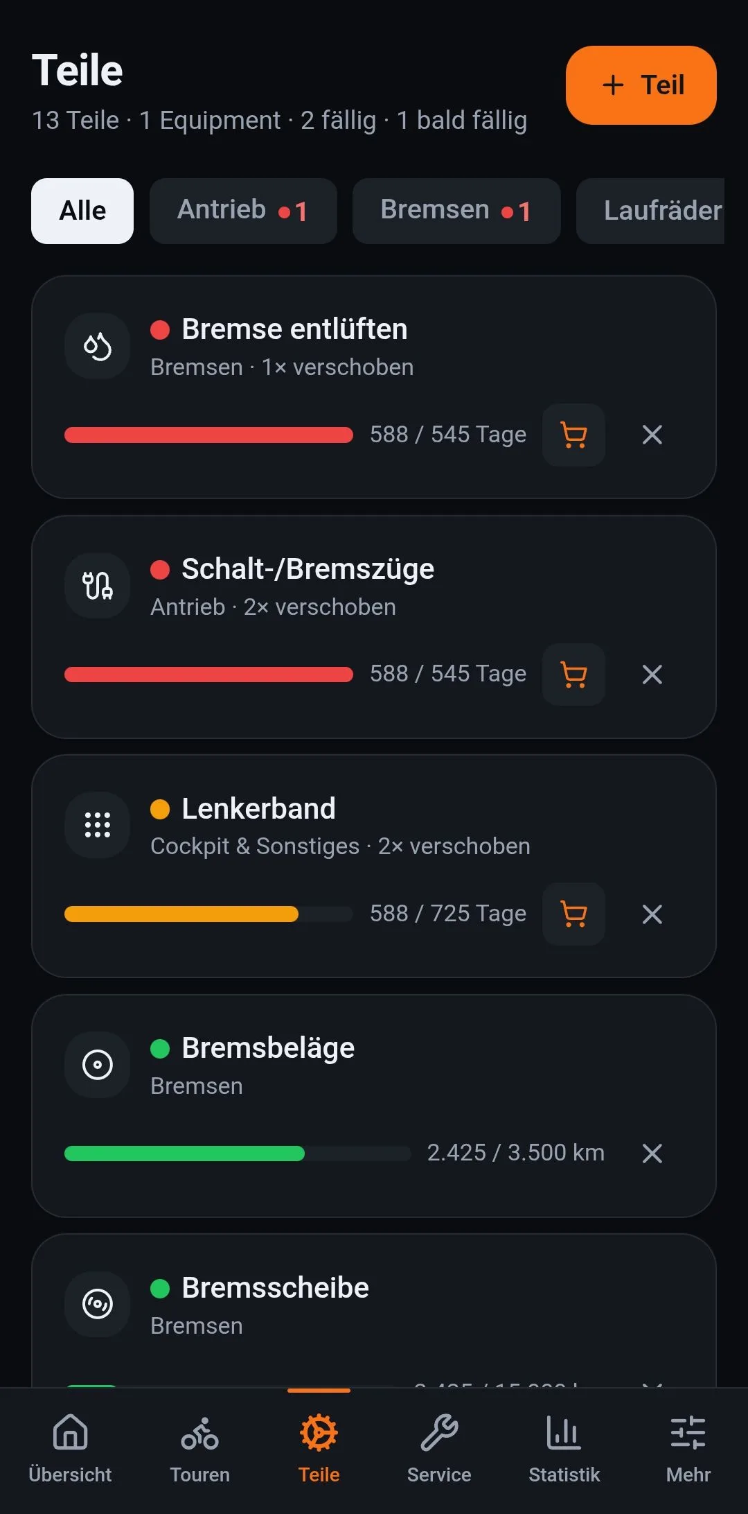 Die Teileliste: 13 Teile mit Status und Fortschritt je Teil