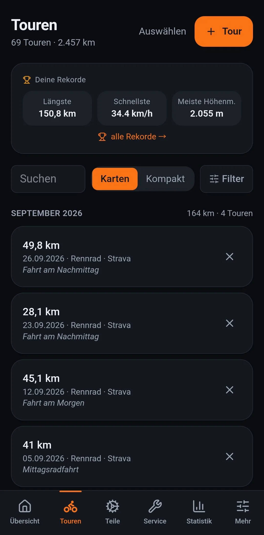Die Touren-Liste: Rekorde, Fahrten aus Strava, Suche und Filter