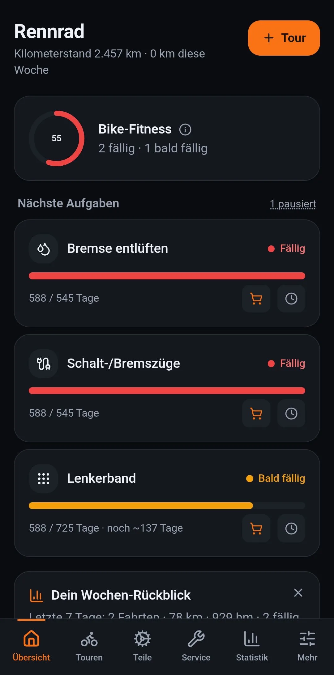 Die Übersicht: Bike-Fitness, zwei fällige Aufgaben, eine bald fällig, der Wochen-Rückblick