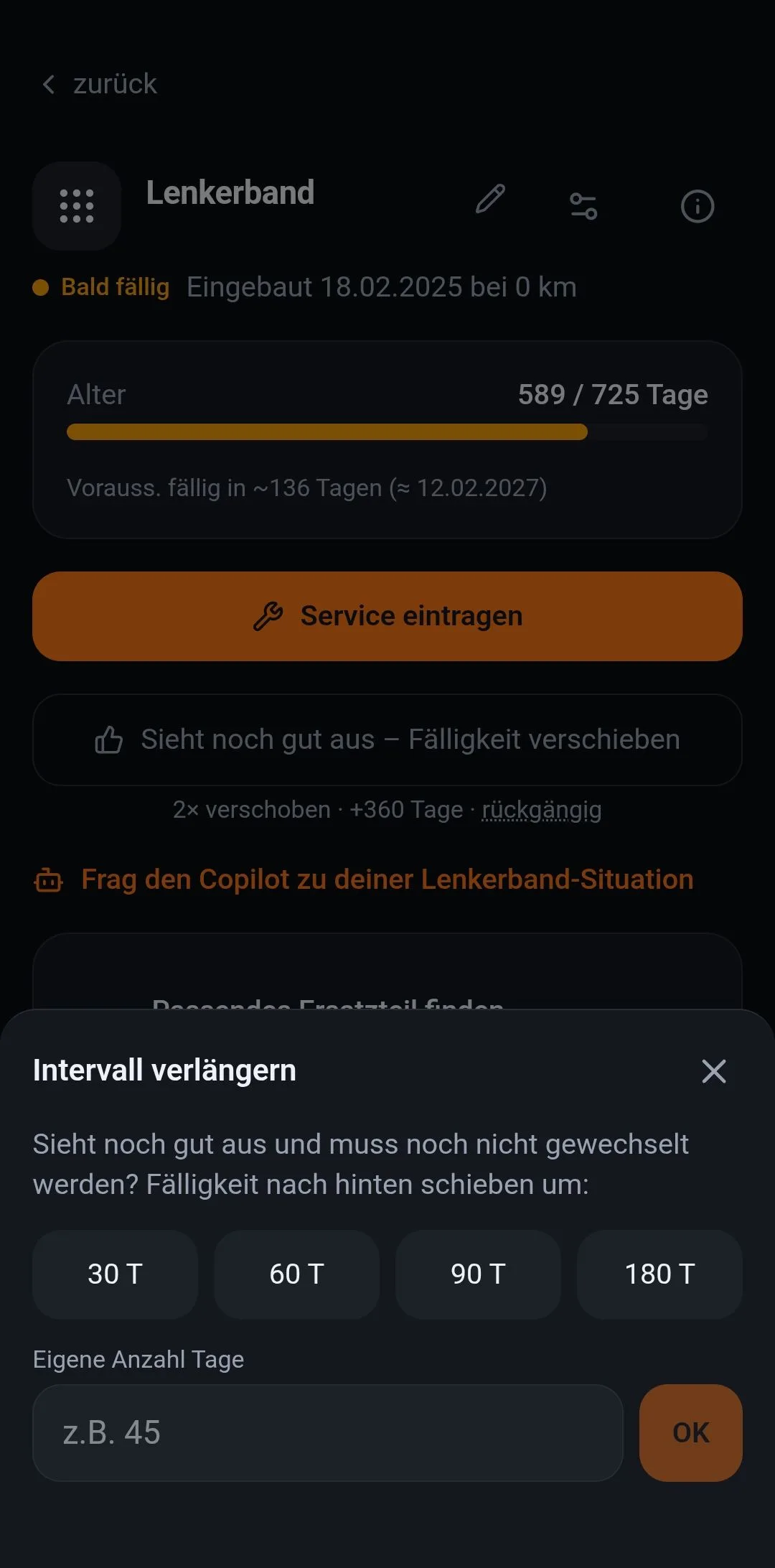 Fälligkeit verschieben: 30, 60, 90 oder 180 Tage, zweimal verschoben, rückgängig möglich