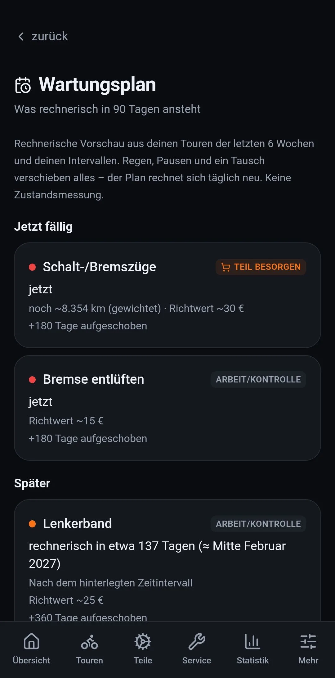 Der Wartungsplan: die nächsten 90 Tage mit Teilebedarf und Richtkosten