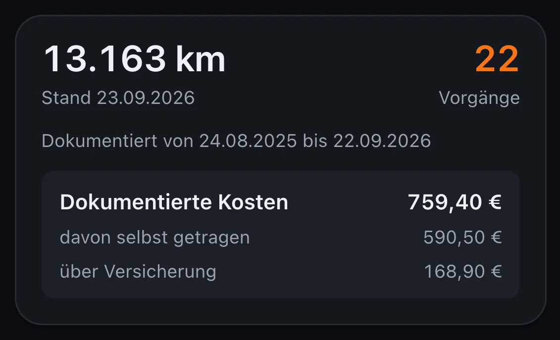 Kopf des Serviceberichts mit Zeitraum und Kosten