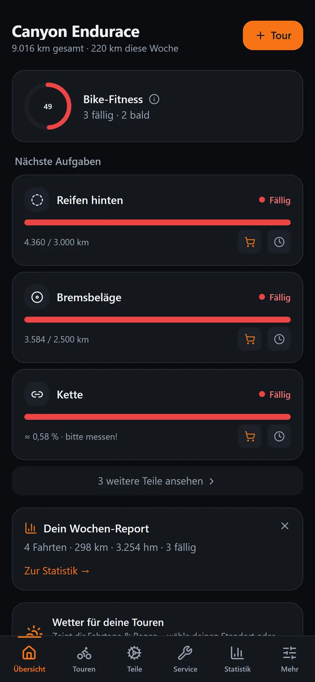 BikeCare app: overview with the Bike Fitness Score and the parts due next